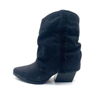 Glaze Black Canvas Cowboy Pointed Toe Heeled Booties with Fringe Accent